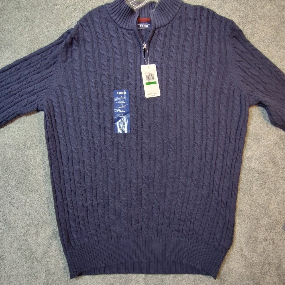 Izod Womens Cable Knit Durham Sweater Blue L Long Sleeve Mock Neck Pullover